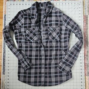Eddie Bauer Black and White Plaid Button-Up Shirt